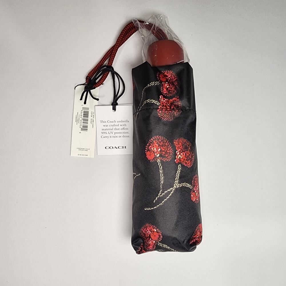 NWT Coach CDF36 Mini Umbrella Cherry Print Black UV Protection